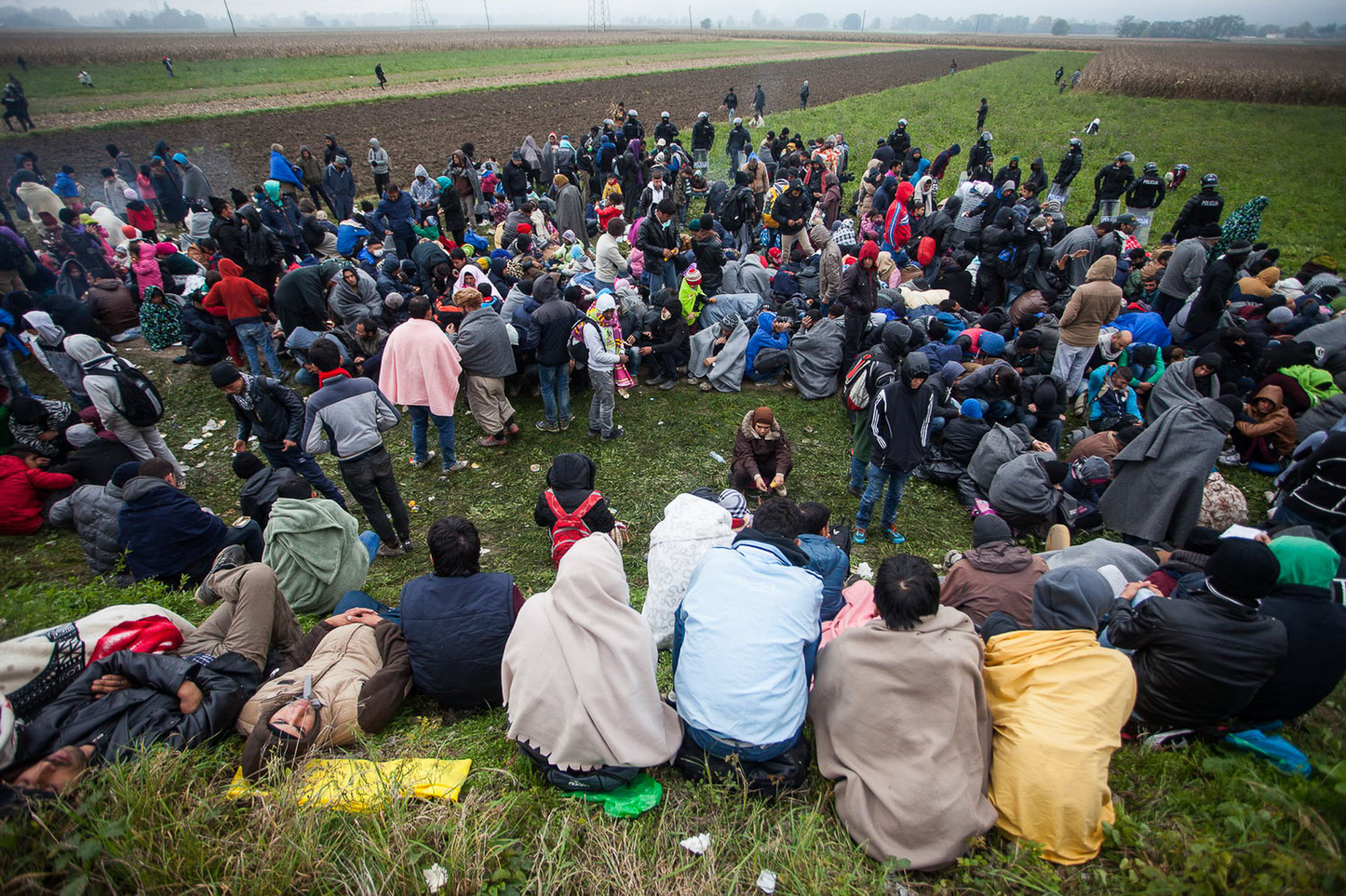 Refugees in the corn field at village of Rigonce, Slovenia waiting for bus transportation to take them to reception center in Dobova on October 21, 2015.In the Balkans, the situation at the various borders keeps changing very fast as countries try to slow down or stop the flow of refugees and migrants. At the time of writing, the border between Croatia and Slovenia was open, while the one between Serbia and Croatia was closed. This last one has opened and closed intermittently in the last 48 hours. The various border closures have had knock-on effects of increased crowding and frustration at several points.Â From 8am on Tuesday until 8am on Wednesday, 6,994 refugees entered Croatia. Thousands were stuck just inside the Slovenian border in a corn field in Rigonce, having arrived there by foot, according to refugees Over a thousand more awaited registration in Dobova. Photo: Igor Pavicevic / Kamerades